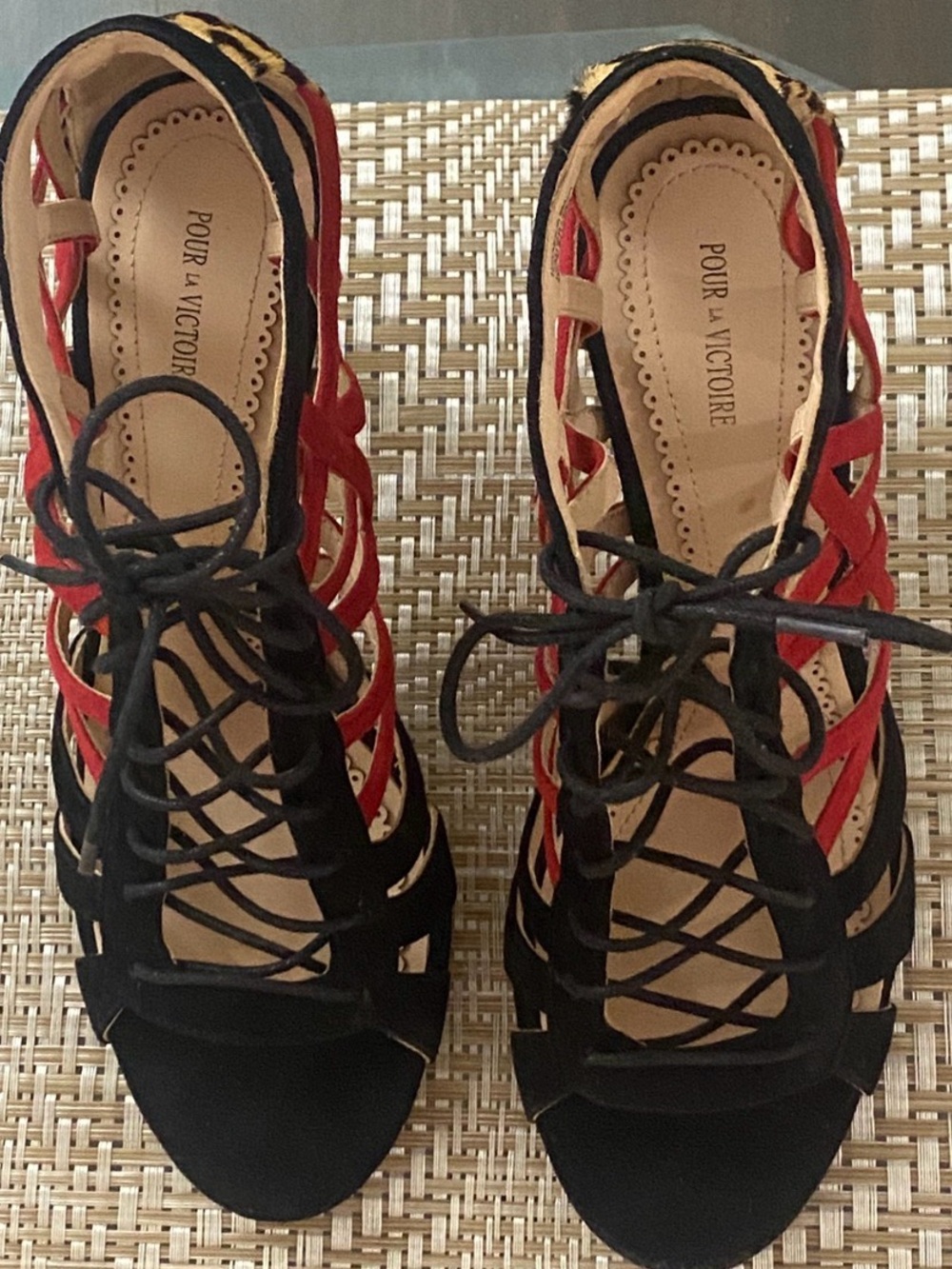 Pour La Victoire Black and Red Lace-Up Strappy Heels with animal print.